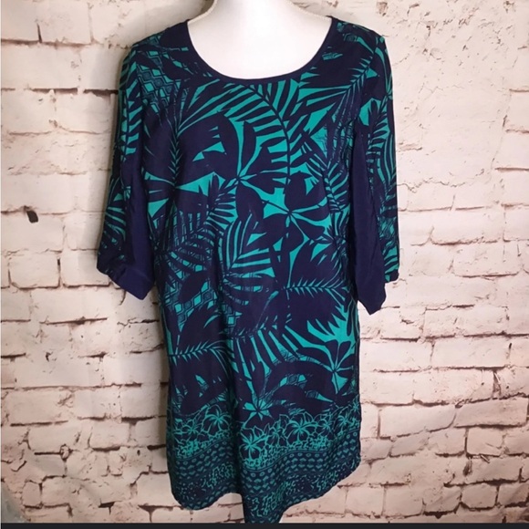 •BE BOP•NWT NAVY/TURQUOISE TROPICAL TAHITIAN PALM LEAVES SHIFT DRESS SIZE XS - Picture 1 of 8